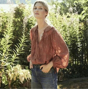 Doen Billie Jean Top Blouse Tamarillo Prairie Paisley Orange Ruffle Small